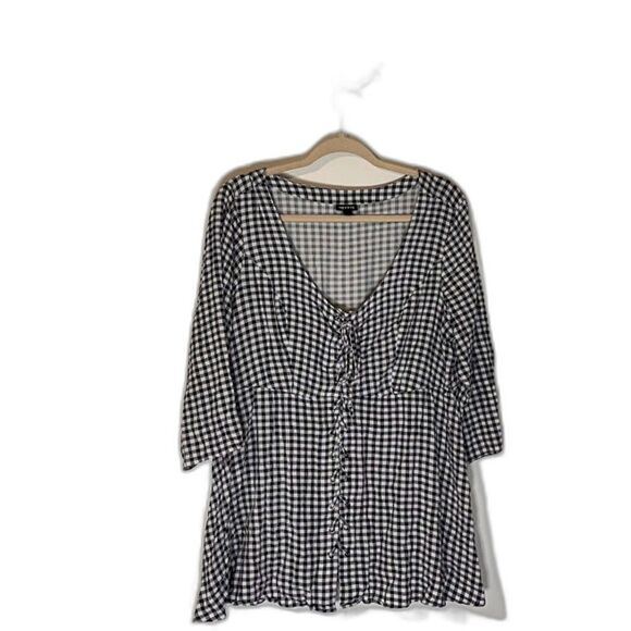 Torrid Blouse 1X Blue White Gingham Check V-Neck 3/4 Sleeve Cottagecore Bohochic - Picture 1 of 6